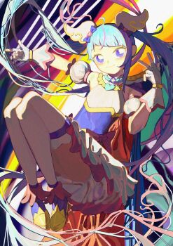Rule 34 | bloomers, blue eyes, blue hair, boots, brooch, closed mouth, cure sky, detached sleeves, diagonal bangs, dress, fingerless gloves, floating hair, gloves, hair ornament, halter dress, halterneck, heart, heart brooch, highres, hirogaru sky! precure, hsareshiya, jewelry, knees up, legs together, long hair, looking at viewer, outstretched arm, pointing, pointing to the side, precure, puffy detached sleeves, puffy sleeves, shadow, short dress, sleeveless, sleeveless dress, smile, sora harewataru, thighhighs, underwear, very long hair, w, white bloomers, white gloves, white thighhighs, wing hair ornament