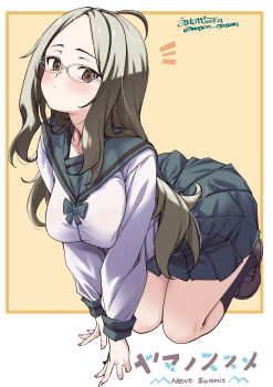 Rule 34 | 1girl, absurdres, all fours, black socks, blush, breasts, brown eyes, glasses, green sailor collar, green skirt, grey hair, highres, kasumi (yama no susume), large breasts, long hair, long sleeves, looking at viewer, pleated skirt, round eyewear, sailor collar, school uniform, shirt, signature, simple background, skirt, socks, solo, two-tone background, umyonge (lkakeu), white background, white shirt, yama no susume, yellow background