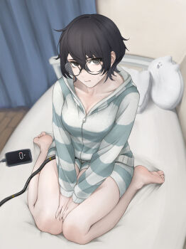 1girl absurdres android barefoot battery_indicator bedroom black_eyes black_hair breasts camera_eyes cat-shaped_pillow charging_device check_commentary cleavage collarbone commentary_request curtains full_body glasses hair_between_eyes highres looking_at_viewer looking_up loungewear medium_breasts messy_hair mole mole_on_collarbone on_bed original pajama_shorts pajamas pillow power_cord rob_110101101 round_eyewear short_shorts shorts sitting soles solo striped_clothes striped_pajamas sweatdrop thigh_focus thighs tsuzuki_tsuzuri wariza