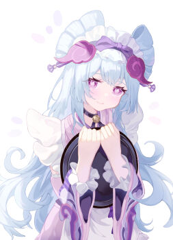 Rule 34 | 1girl, apron, aqua hair, blush, closed mouth, commentary request, frilled apron, frilled hairband, frills, genshin impact, hair between eyes, hair ornament, hairband, highres, holding, holding tray, japanese clothes, kimono, long hair, long sleeves, looking at viewer, maid, maid apron, maid headdress, nihongami, pink kimono, pointy ears, purple eyes, simple background, smile, solo, tray, upper body, urachi, very long hair, wa maid, white apron, white background, yumemizuki mizuki