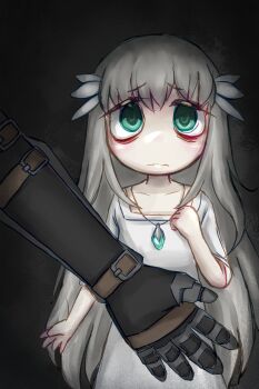 Rule 34 | 1girl, 1other, absurdres, bags under eyes, blonde hair, closed mouth, collarbone, dark, dress, ender lilies quietus of the knights, grey background, hand up, highres, jewelry, lily (ender lilies), long hair, mentha (menthalovely), necklace, scared, solo focus, straight-on, very long hair, white dress