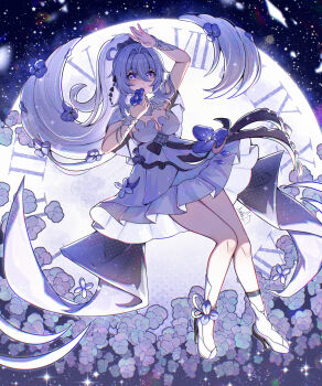 1girl absurdres adapted_costume alternate_costume arm_up breasts chinese_commentary cleavage commentary_request cutescookie full_body hair_between_eyes hair_intakes high_heels highres honkai_(series) honkai_impact_3rd kiana_kaslana kiana_kaslana_(herrscher_of_finality) kiana_kaslana_(herrscher_of_flamescion) kiana_kaslana_(time_runner) large_breasts long_hair looking_at_viewer ponytail purple_pupils roman_numeral shoes signature solo star-shaped_pupils star_(symbol) symbol-shaped_pupils white_shoes