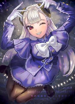 1girl arms_up capcom_fighting_jam commentary_request frilled_skirt frills gloves grin hairpods highres iipzeyjhms0dohl ingrid_(capcom) long_hair looking_at_viewer one_eye_closed pantyhose purple_skirt red_eyes skirt smile solo street_fighter street_fighter_6 watermark white_gloves white_hair