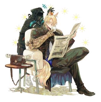 Rule 34 | 1boy, 1other, animal ears, arknights, black pants, blackcatlandr, blonde hair, commentary request, doctor (arknights), food, food on head, fruit, highres, holding, holding newspaper, hood, hood up, horse boy, horse ears, horse tail, mandarin orange, mlynar (arknights), newspaper, object on head, pants, sitting, table, tail