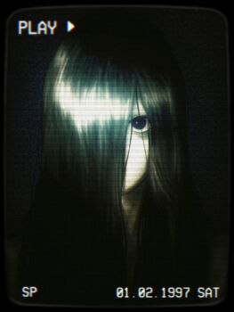 Rule 34 | 1997, 1girl, bags under eyes, black eyes, black hair, colored skin, commentary, dated, english commentary, hair over one eye, long hair, ranm12s, solo, the ring, white skin, yamamura sadako