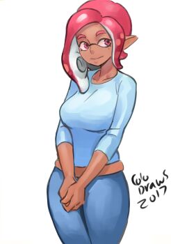 1girl absurdres blue_shirt breasts colo_(nagrolaz) curvy denim female_focus highres inkling inkling_girl inkling_player_character jeans large_breasts mask mature_female nintendo pants pink_eyes pink_hair pointy_ears shirt solo splatoon_(series) squid tentacle_hair