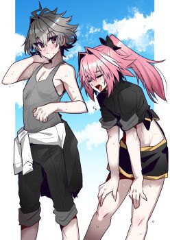 2boys alternate_costume androgynous astolfo_(fate) black_bow black_shirt blush bow closed_eyes cloud cloudy_sky cowboy_shot exercising fang fate/apocrypha fate_(series) grey_hair grey_tank_top hair_bow hair_intakes haoro highres long_hair male_focus midriff multicolored_hair multiple_boys open_mouth pale_skin pants pants_rolled_up pink_hair ponytail shirt short_hair sieg_(fate) skin_fang sky sleeves_rolled_up smile spiked_hair streaked_hair sweat tank_top white_hair
