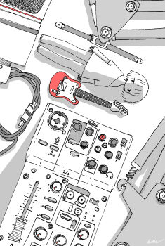 1girl absurdres audio_cable barefoot cable commentary electric_guitar greyscale guitar guitar_strap highres instrument kaduise lying microphone_stand mini_person minigirl mixing_console monochrome no_pants on_back original shirt short_hair single_off_shoulder solo spot_color t-shirt