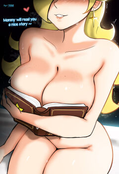 1girl absurdres artist_logo blonde_hair boobs_in_book_(meme) book breasts cleavage collarbone commentary earrings english_commentary english_text eyes_out_of_frame grin head_out_of_frame heart highres holding holding_book hugging_book hugging_object jewelry large_breasts logo long_hair mario_(series) meme mystyhw navel nintendo nude open_book rosalina sitting smile solo sweat