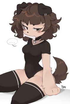 ... 1girl animal_ear_piercing animal_ears artist_name black_hair black_leotard black_thighhighs blush_stickers bone breasts dog_ears dog_girl dog_tail furry furry_female highres leotard looking_at_viewer mimi_(typh) mouth_hold original short_hair simple_background sitting sleeved_leotard solo spoken_ellipsis tail thighhighs thighs typh white_background