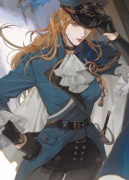 1girl 1o8k adjusting_clothes adjusting_headwear aiguillette ascot augustus_(path_to_nowhere) belt belt_buckle black_choker black_gloves black_pants blonde_hair blue_eyes blue_jacket buckle cape choker commentary cowboy_shot gloves hand_on_own_hip hat hat_feather highres holstered jacket kepi lapel_pin looking_at_viewer military_hat military_jacket military_uniform pants path_to_nowhere shoulder_boards signature solo sword symbol-only_commentary weapon white_ascot white_cape