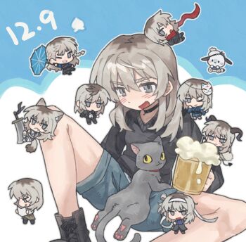 Rule 34 | 1girl, animal ears, beer mug, blue shorts, blush, cat, commentary request, cup, dated, girls band cry, girls band cry rpg, grey eyes, grey hair, hair between eyes, highres, holding, holding cup, holding weapon, horns, kawaragi momoka, kemonomimi mode, long hair, mug, multicolored hair, open mouth, roots (hair), shorts, tail, tutai, weapon, wolf ears, wolf girl, wolf tail