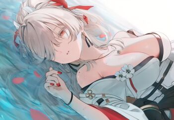 Rule 34 | 1girl, ai-assisted, breasts, cleavage, colored eyelashes, commentary, earrings, fingernails, hair ribbon, hand up, highres, hiyuki (wuthering waves), japanese clothes, jewelry, large breasts, long hair, lying, mole, mole on shoulder, mole under eye, multiple moles, nail polish, necklace, off shoulder, parted lips, petals, petals on liquid, poki (j0ch3fvj6nd), red eyes, red nails, red petals, red ribbon, ribbon, solo, turning head, white eyelashes, white hair, wuthering waves
