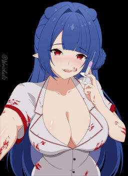 1girl black_background blood blood_on_clothes blood_on_face blue_hair breasts buttons cleavage collarbone dizzy_dokuro dizzy_dokuro_(nurse) double_bun hair_bun highres holding holding_syringe kabedon_on_viewer large_breasts looking_at_viewer nurse phase_connect pointy_ears red_eyes solo syringe tongue twitter_username virtual_youtuber wriskelis