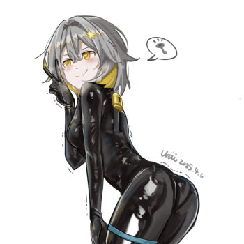 Rule 34 | 1girl, :>, artist name, ass, blonde hair, bodysuit, cowboy shot, dated, grey hair, hair ornament, honkai: star rail, honkai (series), implied vibrator, latex, latex bodysuit, leaning forward, lock, looking to the side, medium hair, multicolored hair, pale skin, signature, solo, spoken object, star (symbol), star hair ornament, stelle (honkai: star rail), thigh strap, trailblazer (honkai: star rail), trembling, two-tone hair, urii 20230426, v, white background, yellow eyes