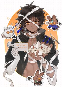 1boy absurdres antenna_hair arknights bandaged_arm bandaged_head bandaged_torso bandages bishounen black_hair black_jacket chinese_commentary choshanland_plushy_(arknights) collarbone commentary_request dark-skinned_male dark_skin earrings elbow_gloves everydayguanghezuoyong gloves half_crown_braid halloween highres holding holding_paper jacket jewelry looking_at_another looking_at_viewer male_focus mummy_costume mystical_high_collar open_clothes open_jacket open_mouth orange_eyes paper ponytail short_hair short_ponytail short_sleeves single_elbow_glove solo sparkle stomach thorns_(arknights) trick_or_treat upper_body white_gloves
