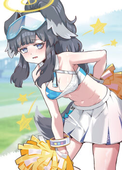 1girl animal_ears black_hair blue_archive blue_eyes breasts cheerleader commentary_request cookca dog_ears dog_girl dog_tail goggles goggles_on_head halo hibiki_(blue_archive) hibiki_(cheer_squad)_(blue_archive) highres holding holding_pom_poms long_hair looking_at_viewer millennium_cheerleader_outfit_(blue_archive) navel official_alternate_costume open_mouth pom_pom_(cheerleading) pom_poms skirt solo tail yellow_halo