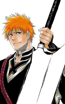 Rule 34 | 1boy, bleach, brown eyes, closed mouth, collarbone, holding, holding sword, holding weapon, japanese clothes, kubo tite, kurosaki ichigo, looking at viewer, male focus, official art, orange hair, shihakusho, shikai, short hair, simple background, smile, spiked hair, sword, upper body, weapon, white background, zangetsu (shikai), zanpakutou
