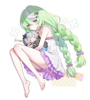 1girl absurdres adelie_cat armpit_crease ass bare_arms bare_legs bare_shoulders barefoot bell braid camisole character_doll chess_piece closed_mouth collarbone commentary crossed_bangs doll feet female_tyrant_(stella_sora) frilled_camisole frills full_body green_hair hair_between_eyes hair_ornament hairclip highres hugging_doll hugging_object knees_up legs_together light_smile long_hair looking_at_viewer low_twin_braids multicolored_hair nazuna_(stella_sora) neck_bell pink_eyes solo stella_sora streaked_hair toes twin_braids two-tone_hair tyrant_(stella_sora) very_long_hair white_background white_camisole white_hair