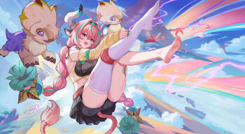 1girl absurdres animal_ears bandaid bandaid_on_horn bell bell_earrings blue_sky braid cloud commentary_request cow_ears cow_girl cow_horns cowbell ear_bell earrings feet genshin_impact god_hunter highres horns jewelry long_hair looking_at_viewer open_mouth pantyhose pink_hair pink_tail purple_eyes qucusaurus_(genshin_impact) signature sky soles tail tatankasaurus_(genshin_impact) twin_braids varesa_(genshin_impact) white_horns white_pantyhose yellow_sleeves