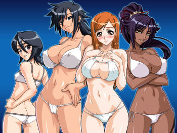 00s 4girls ass bikini black_hair bleach blush breast_suppress breasts butt_crack cleavage contrapposto crossed_arms dark_skin dark-skinned_female covered_erect_nipples huge_breasts inoue_orihime kagami_hirotaka kuchiki_rukia large_breasts long_hair micro_bikini multiple_girls orange_hair ponytail purple_hair reference_work shiba_kuukaku shihouin_yoruichi side-tie_bikini_bottom standing swimsuit thigh_gap thighs white_bikini