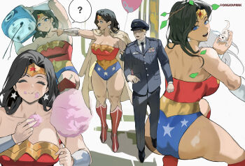 1boy 1girl ? absurdres ass back balloon bare_back bare_shoulders black_hair black_necktie blue_eyes blush bracer breasts cleavage closed_eyes commentary cotton_candy couple dc_comics earrings eating english_commentary faceless faceless_male food full_body happy hat hetero highres holding holding_cotton_candy holding_food jewelry large_breasts leaf leotard long_hair looking_at_viewer looking_back military_uniform multiple_views neck necktie open_mouth outstretched_arm park_ongjol peaked_cap short_hair speech_bubble spoken_question_mark star_(symbol) star_earrings star_print steve_trevor strapless strapless_leotard superhero_costume teeth thick_thighs thighs tiara upper_teeth_only walking wonder_woman wonder_woman_(series)