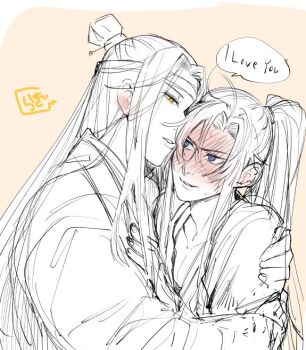 2boys ahoge artist_name bishounen blue_eyes blush chinese_clothes collarbone commentary_request couple ear_blush english_text full-face_blush hair_ribbon hanfu headband high_ponytail hug lan_wangji long_hair looking_at_another male_focus modao_zushi monochrome multiple_boys parted_lips pectoral_cleavage pectorals ponytail ribbon robe sidelocks simple_background sketch smile speech_bubble spot_color sunmoon9994 sweat topknot upper_body wei_wuxian whispering xiao_guan_(headdress) yaoi yellow_eyes