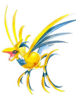 bird colored_sclera colored_skin commentary fangs full_body gen_2_pokemon gold_skin highres horns mega_pokemon mega_skarmory metal_skin mint_nappa nintendo no_humans open_mouth pokemon pokemon_(creature) pokemon_focus red_eyes red_sclera sharp_teeth simple_background skarmory solo symbol-only_commentary tail talons teeth white_background wings