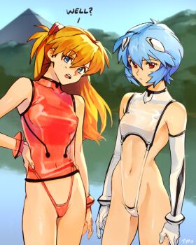 2girls adapted_costume ayanami_rei bare_arms bare_shoulders blonde_hair blue_eyes blue_hair blunt_bangs blurry bracelet breasts breasts_apart commentary contrapposto cowboy_shot cyberpunk day depth_of_field elbow_gloves english_commentary english_text facing_viewer gloves hand_on_own_hip highleg highleg_one-piece_swimsuit highleg_panties interface_headset_(evangelion) jewelry long_hair looking_at_viewer mecha_pilot_suit micro_panties multiple_girls navel neon_genesis_evangelion one-piece_swimsuit optionaltypo orange_hair outdoors panties plugsuit_(evangelion) pyramid_(structure) rebuild_of_evangelion red_eyes revealing_clothes see-through_clothes short_hair skinny small_breasts souryuu_asuka_langley standing suspenders swimsuit teeth underwear upper_teeth_only white_gloves