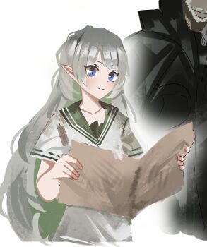 1boy 1girl beard blue_eyes commentary_request dress fabius_(project_moon) facial_hair green_sailor_collar grey_hair holding hoyeonbns korean_commentary limbus_company mayors_(project_moon) pointy_ears project_moon sailor_collar sailor_dress short_sleeves simple_background smile solo_focus white_background