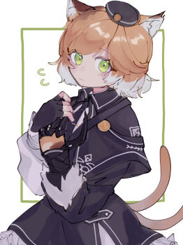 1girl absurdres animal_ear_fluff animal_ears arknights beret black_dress black_gloves black_jacket black_necktie black_skirt blush border brown_hair cat_ears cat_girl cat_tail claw_(weapon) coffee_toranpu collared_shirt commentary dress fingerless_gloves flying_sweatdrops frills gloves green_border green_eyes hat highres holding jacket long_sleeves looking_at_viewer mini_hat mousse_(arknights) multicolored_hair multiple_tails necktie orange_hair seiza shirt short_hair simple_background sitting skirt solo tail two_tails upper_body weapon white_background white_hair white_shirt