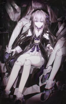 1girl absurdres black_dress black_footwear black_headwear chain clothing_cutout collar commentary_request doll_joints dress full_body grey_hair hair_intakes herta_(puppet)_(honkai:_star_rail) highres honkai:_star_rail honkai_(series) jewelry joints key lock long_hair long_sleeves looking_at_viewer parted_lips puppet_rings puppet_strings purple_collar purple_eyes ring shoulder_cutout sitting socks solo two-tone_dress vignetting white_dress white_socks zadun