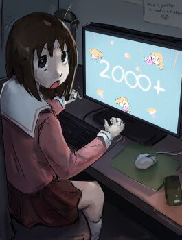 Rule 34 | 1girl, absurdres, announcement celebration, at computer, azumanga daiou, cellphone, computer, computer keyboard, computer mouse, english text, highres, indoors, kasuga ayumu, liamickpie, looking at viewer, mihama chiyo, monitor, mousepad (object), phone, poster (object), screen light, sitting, smartphone, solo focus