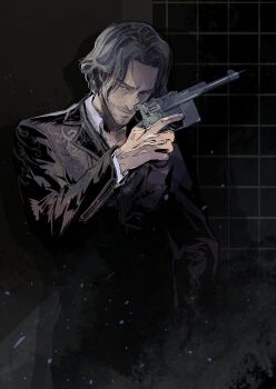 1boy black_jacket brown_eyes brown_hair cofffee collared_shirt embroidery facial_hair gun hand_on_own_hip handgun holding holding_gun holding_weapon jacket long_sleeves luis_sera male_focus mature_male mauser_c96 parted_bangs resident_evil resident_evil_4 resident_evil_4_(remake) shirt short_hair solo stubble wavy_hair weapon white_shirt