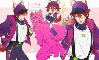 Rule 34 | 1boy, :d, ;p, amagi rinne, animal ear fluff, animal ears, artist name, asobi-bu (ensemble stars!), baseball cap, belt, belt buckle, black belt, blue eyes, blush stickers, bodysuit, bodysuit under clothes, buckle, chibi, claw pose, commentary, contrapposto, cowboy shot, crossed bangs, earrings, ensemble stars!, fang, fox boy, fox ears, fox tail, grin, hair between eyes, hand in pocket, hand up, hat, hood, hood down, hooded jacket, jacket, jewelry, kneeling, lapels, long sleeves, looking at viewer, looking back, lunapont, male focus, multiple views, notice lines, official alternate costume, one eye closed, open clothes, open jacket, open mouth, pink background, pink jacket, puffy long sleeves, puffy sleeves, purple bodysuit, purple hat, purple jacket, red hair, shirt, short hair, smile, standing, suspenders, tail, teeth, tongue, tongue out, two-sided fabric, two-sided jacket, untranslatable commentary, v-shaped eyebrows, watermark, white shirt, wristband