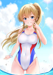 Rule 34 | 1girl, absurdres, blonde hair, blue eyes, blue sky, braid, breasts, ca paria, cloud, collarbone, commentary request, competition swimsuit, covered navel, cowboy, day, gluteal fold, grin, hair between eyes, highleg, highleg one-piece swimsuit, highleg swimsuit, highres, idolmaster, idolmaster million live!, kousaka umi, long hair, looking at viewer, medium breasts, one-piece swimsuit, outdoors, ponytail, scrunchie, sky, smile, solo, standing, swimsuit, v, wading, water drop, western, white one-piece swimsuit, wrist scrunchie