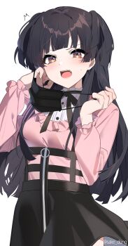 1girl ^^^ black_hair black_mask black_skirt blouse blush brown_eyes fang highres idolmaster idolmaster_shiny_colors long_hair long_sleeves looking_at_viewer mask mayuzumi_fuyuko mouth_mask open_mouth sake_dong shirt simple_background skirt solo sweatdrop teeth twitter_username white_background white_shirt