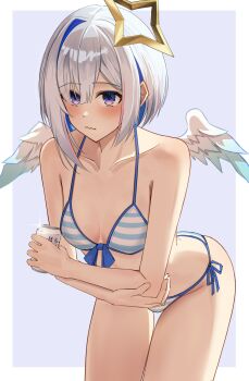 1girl absurdres alternate_costume amane_kanata angel_wings bikini blue_bikini blue_hair blue_wings bob_cut breasts can closed_mouth colored_inner_hair commentary crossed_arms feathered_wings front-tie_bikini_top front-tie_top gradient_wings grey_hair hair_over_one_eye halo highres holding holding_can hololive leaning_forward looking_at_viewer mini_wings mino_(miiiinon611) multicolored_hair multicolored_wings pink_hair purple_eyes short_hair side-tie_bikini_bottom simple_background single_hair_intake small_breasts solo star_halo streaked_hair striped_bikini striped_clothes swimsuit thigh_gap virtual_youtuber wavy_mouth white_wings wings
