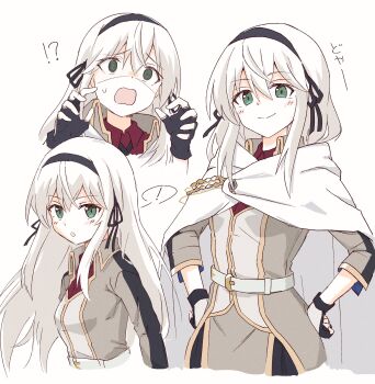 Rule 34 | !, 1girl, avilia (majo no tabitabi), belt, black gloves, black hairband, black ribbon, blush, breasts, cape, cloak, closed mouth, collared shirt, fingerless gloves, gloves, green eyes, hair between eyes, hair ribbon, hairband, hands on own hips, highres, long hair, looking at viewer, majo no tabitabi, multiple views, open mouth, red shirt, ribbon, shiroirosky, shirt, simple background, smile, spoken exclamation mark, surprised, white background, white belt, white cape, white cloak, white hair