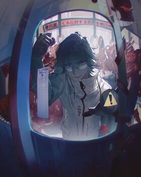 1boy absurdres against_glass aizendai aotsuki_eito black_gloves blue_eyes character_print chinese_commentary eldritch_abomination fisheye glasses gloves grey_hair highres jacket looking_at_viewer male_focus monokuma nervous_sweating short_hair sign solo_focus sweat the_hundred_line_-last_defense_academy- warning_sign white_jacket