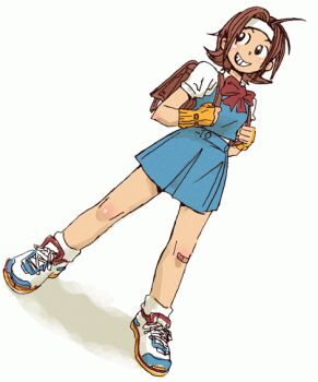 Rule 34 | 1girl, backpack, bag, bandaid, bandaid on knee, bandaid on leg, blue skirt, blue vest, bow, bowtie, brown hair, commentary request, dutch angle, fingerless gloves, full body, gloves, grin, headband, holding strap, justice gakuen, legs apart, looking to the side, ohaka (ohv), red bow, red bowtie, shirt, shoes, short hair, short sleeves, simple background, skirt, smile, sneakers, solo, standing, vest, wakaba hinata, white background, white headband, white shirt, yellow gloves