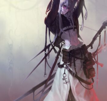 1boy abs absurdres anchor_necklace arms_up belt black_belt black_jacket black_shirt blue_eyes braid capelet commentary cowboy_shot cropped_shirt english_commentary fog grey_background hair_between_eyes highres hook jacket jewelry leather leather_jacket long_hair looking_at_viewer male_focus navel necklace open_clothes open_jacket original packet parted_lips pink-tinted_eyewear purple_hair ship&#039;s_wheel_ornament shirt sidelocks solo stomach sunglasses sword tinted_eyewear ven0305 weapon white_capelet zipper