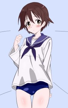 1girl :o blue_background blue_one-piece_swimsuit blue_sailor_collar blush brown_eyes brown_hair feet_out_of_frame gnome_pasaran looking_at_viewer miyafuji_yoshika one-piece_swimsuit sailor_collar school_uniform short_hair solo standing strike_witches swimsuit swimsuit_under_clothes world_witches_series