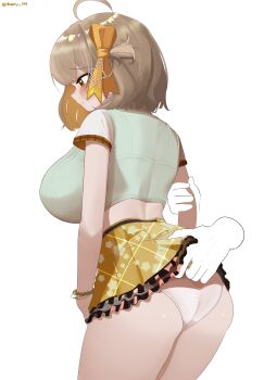 1girl ahoge alternate_costume anis_(nikke) anis_(star)_(nikke) artist_name ass blush breasts brown_eyes brown_hair clothes_lift disembodied_hand embarrassed from_behind goddess_of_victory:_nikke hair_ribbon kaeru large_breasts panties ribbon sexual_harassment shirt short_hair sideboob skirt skirt_lift solo underwear