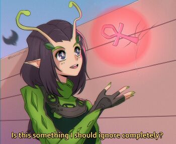1girl absurdres ankh antennae beneceadraws black_gloves black_hair blue_eyes commentary dress english_commentary english_text fingerless_gloves gloves glowing_markings green_dress green_nails highres is_this_a_pigeon_(meme) mantis_(marvel) marvel marvel_rivals meme subtitled twitter_username