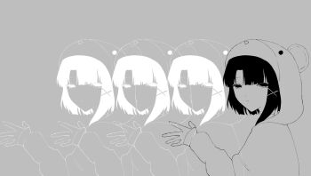 Rule 34 | animal ears, bear ears, black hair, closed mouth, from side, grey background, greyscale, hair between eyes, hair ornament, hand up, hashtag-only commentary, highres, hood, hoodie, iwakura lain, lagtrain (vocaloid), looking to the side, monochrome, serial experiments lain, short hair, simple background, somnia 2, upper body, x hair ornament
