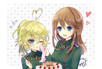 2girls ahoge birthday birthday_cake blonde_hair blue_eyes blush breasts brown_hair buttons cake closed_mouth commentary_request cross dated flying_sweatdrops food fork fruit gem green_jacket hair_between_eyes hand_on_another&#039;s_face hand_up handkerchief heart heart_ahoge high_ponytail holding holding_fork holding_handkerchief huge_ahoge icing iron_cross jacket jewelry long_hair long_sleeves looking_at_another medium_breasts military military_jacket military_uniform multiple_girls one_eye_closed open_mouth pendant polka_dot polka_dot_background ponytail red_gemstone sidelocks smile strawberry tanya_degurechaff teeth tongue twitter_username upper_body viktoriya_ivanovna_serebryakov white_background youda_(seravichacha) youjo_senki
