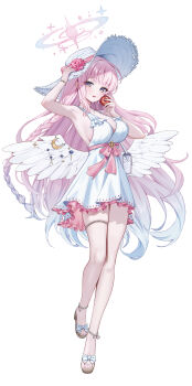 1girl absurdres alternate_costume angel_wings apple arm_up armpits blue_archive breasts dress feathered_wings food fruit full_body gradient_halo halo hand_on_headwear hat highres holding holding_food holding_fruit large_breasts layered_skirt lichiko long_hair looking_at_viewer low_wings mika_(blue_archive) multicolored_halo pink_halo sandals skirt solo sun_hat sundress white_background white_dress white_wings wings
