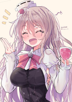 1girl absurdres blush bodice breasts brown_eyes brown_hair closed_eyes corset cup drinking_glass drunk grey_hair hair_between_eyes hat highres hizaka kantai_collection large_breasts long_hair long_sleeves looking_at_viewer mini_hat neckerchief one-hour_drawing_challenge open_mouth pola_(kancolle) princess_connect! shirt signature skirt thick_eyebrows tilted_headwear twitter_username wavy_hair white_background white_shirt