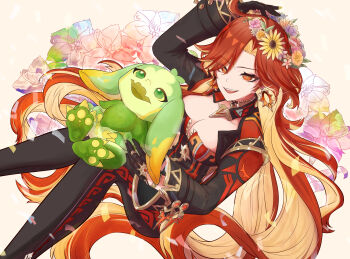 Rule 34 | biker clothes, bikesuit, black bodysuit, black gloves, black jacket, blonde hair, bodysuit, breasts, collarbone, colored inner hair, commentary request, cropped jacket, earrings, feet out of frame, genshin impact, gloves, head wreath, highres, invisible chair, jacket, jewelry, large breasts, long hair, long sleeves, mavuika (genshin impact), multicolored hair, necklace, open mouth, ow 176, red eyes, red hair, sitting, smile, sun earrings, two-tone hair, very long hair, zipper